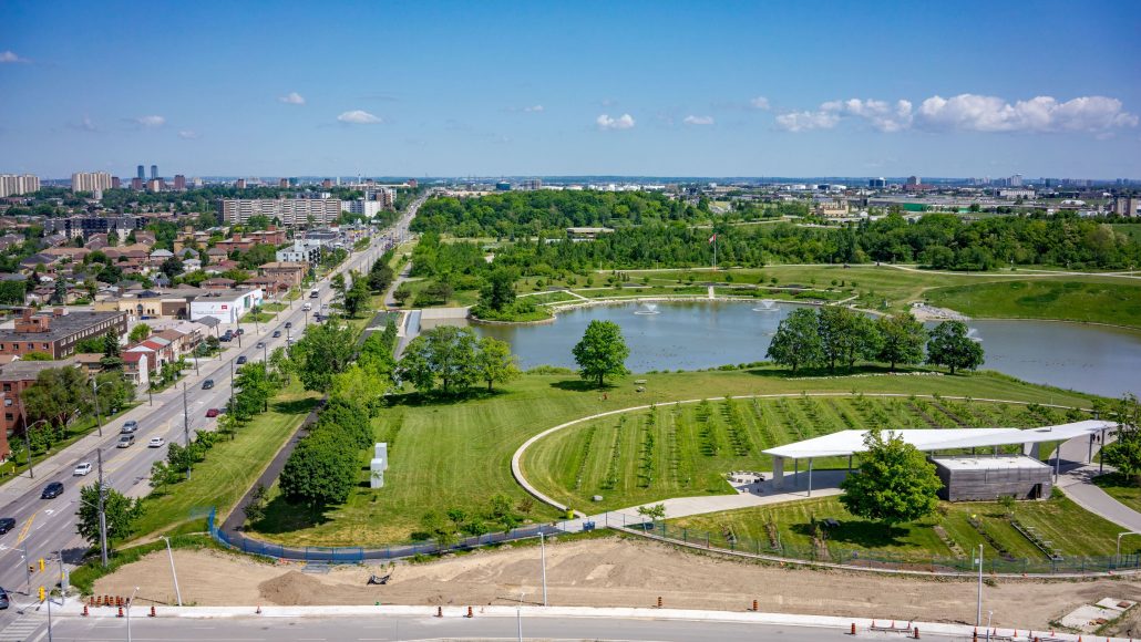 Aerial view of Downsview Park green space and lake
